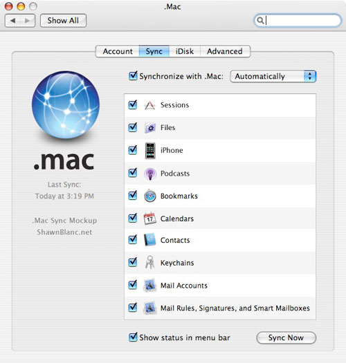 A .Mac mockup featuring Smart Files, Application Sessions, iPhone and Podcast Syncing