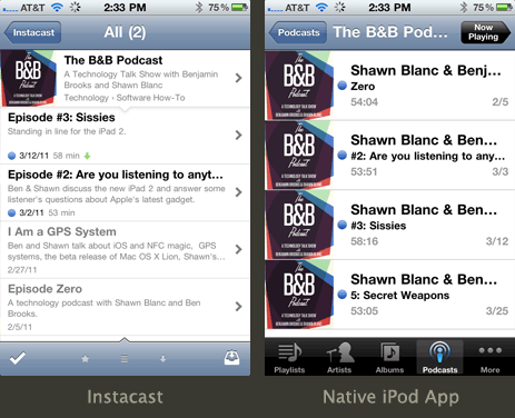 Side-by-side comparison of Instacast and the iPod app