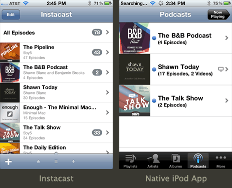 Side-by-side comparison of Instacast and the iPod app