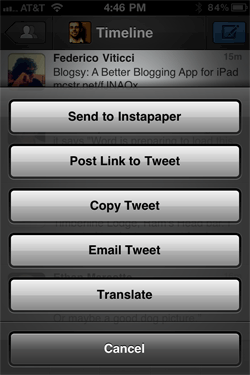 Tweetbot's tweet options when you tap and hold